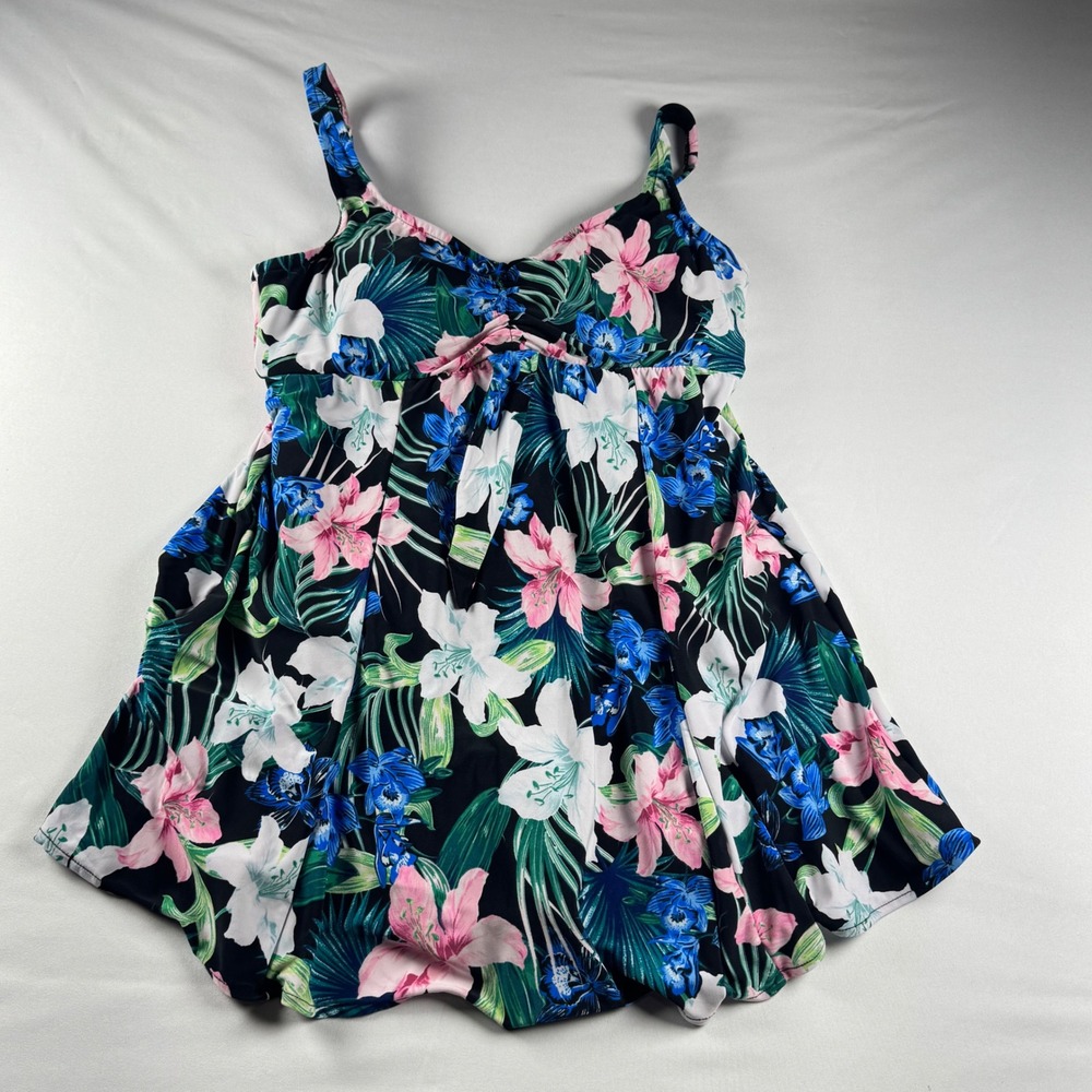 Bal Harbour Swim Womens Floral Swimdress One Piece Swimsuit Black Pink Blue 12